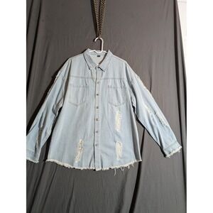 MANFINITY Mens XL Distressed Denim Shirt Light Wash Button Down Oversized